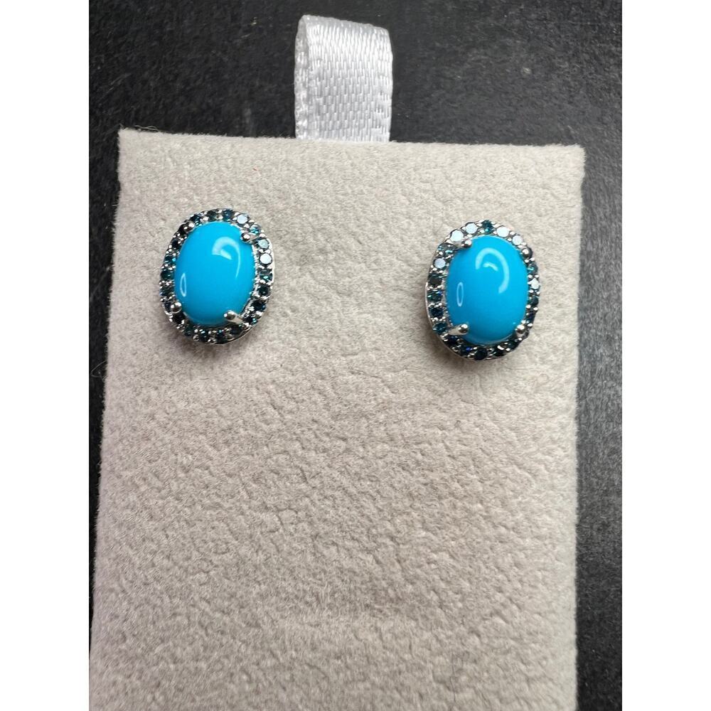 Turquoise & Blue Diamond Sterling Silver Halo Stud Earrings 925 Oval